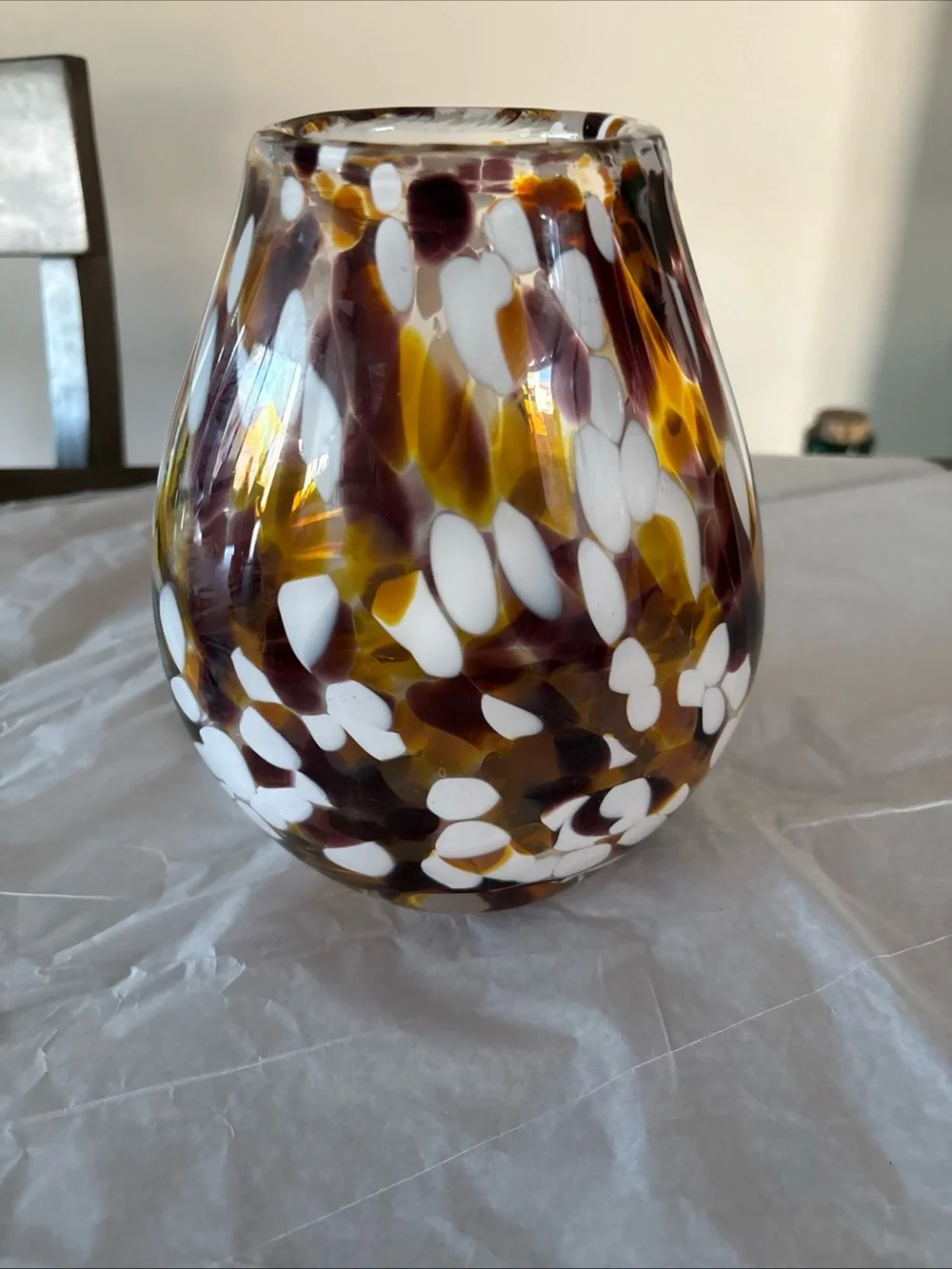 Hand Blown Art Glass Vase White Amber Spots Artisan Studio 7.65” Heavy Solid
